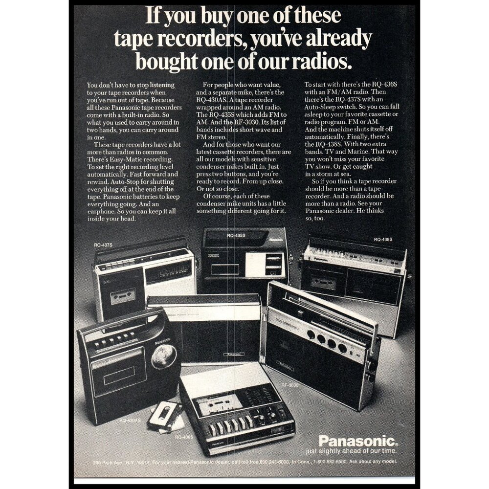 1972 Panasonic Portable Cassette Tape Recorder Vintage Print Ad 70s Wall Art